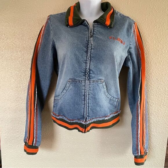 Vintage Fubu Women's Denim Zip Up Jacket with Orange and Green Stripe Accents L - Picture 1 of 16
